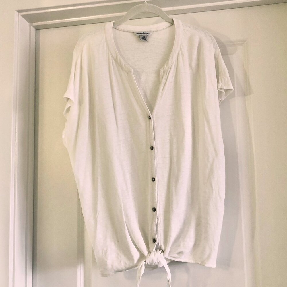 Tommy Bahama Button Front Tie Top 100% Linen Cream White Size L Cap Sleeve